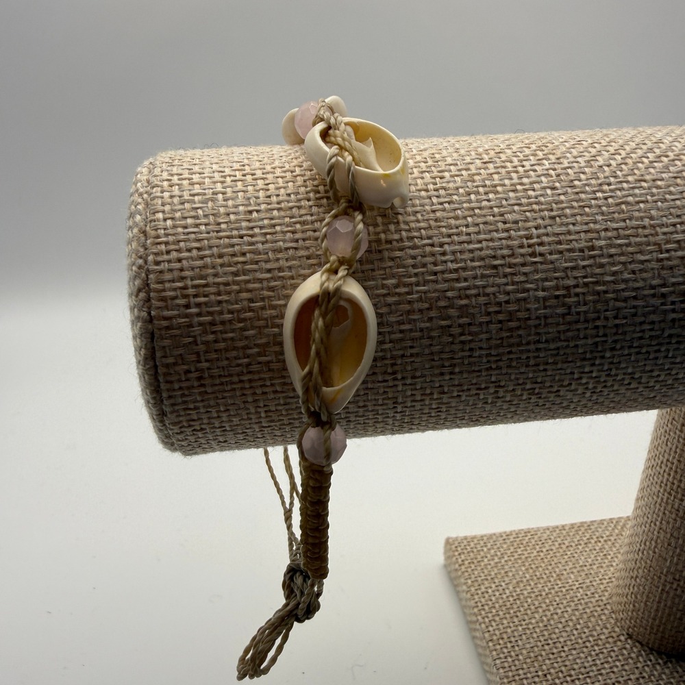 Cream Cowrie Shell Bracelet‎ / Anklet Rose Quartz Macrame Beachy Resort Coastal